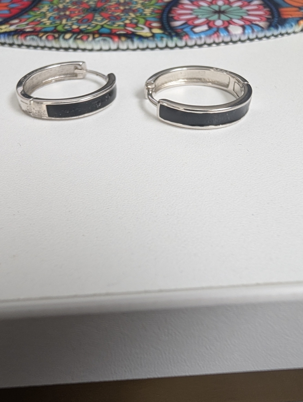 .925 Silver Hoop Earrings with Black Inlay
